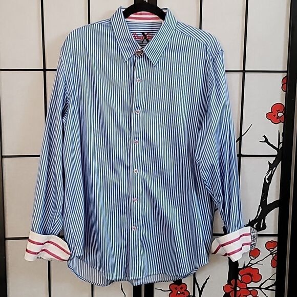 Robert Graham Blue Striped Cotton Long Sleeve Button Down - Picture 2 of 9